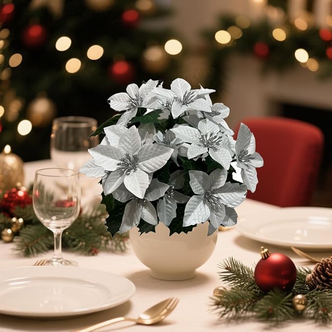 8 Pack 5 Heads Christmas Artificial Poinsettia Flowers Faux Poinsettia Bush Bouquets Silk Poinsettia Christmas Tree Ornaments Poinsettia Flower Arrangement for Home Decor
