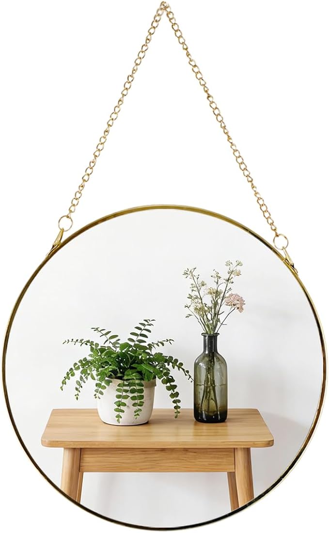 9.6-inch Modern Round Wall Mirror with Metal Frame and Hanging Chain, Suitable for Entryway, Hallway, or Bathroom Small Gold Metal Frame Mirror (Gold, 9.6 inch)