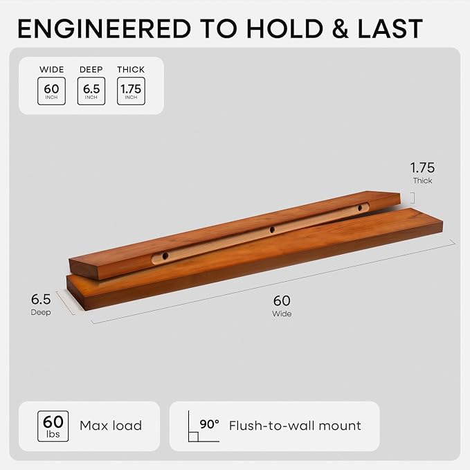 Homeforia Floating 60 inch Oak Shelves, High End Solid Real Wood 60inch Floating Shelf for Wall Mounted, Honey Oak Wooden 60in Large Floating Shelves, Heavy Duty Bracket, 60 X 6.5 X 1.75 in, Set of 3