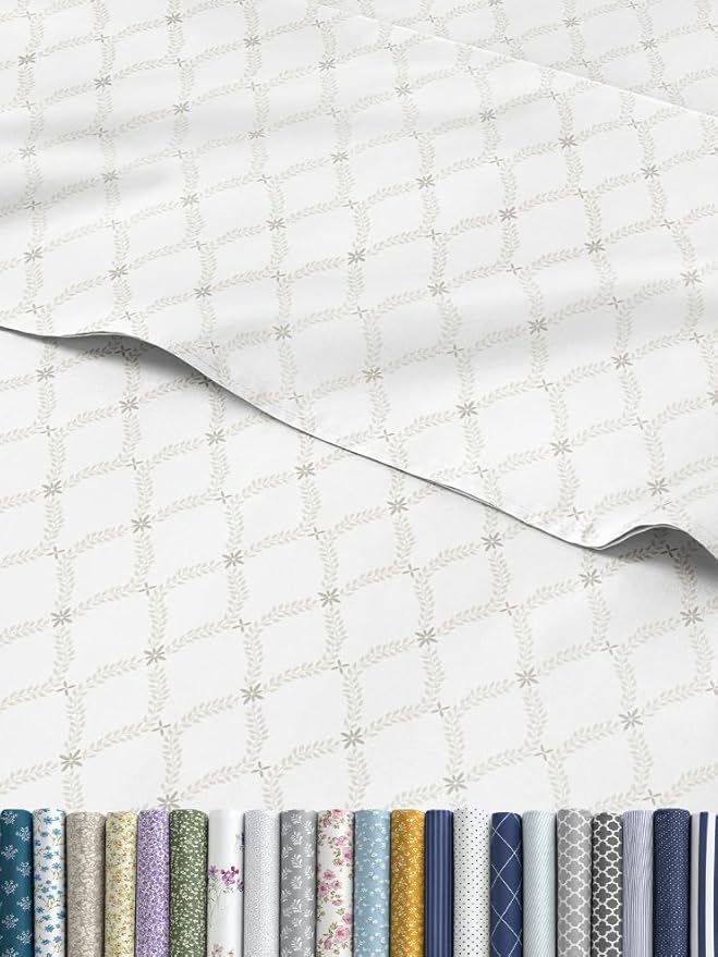 Floral Sheets - Neutral Floral Bed Sheet Set - 1 Flat & 1 Fitted & 2 Pillowcases w/ Deep Pockets - Comfy, Wrinkle & Fade Free Boho Botanical Bedding - Ultra-Soft, Breathable & Cooling - Queen Size