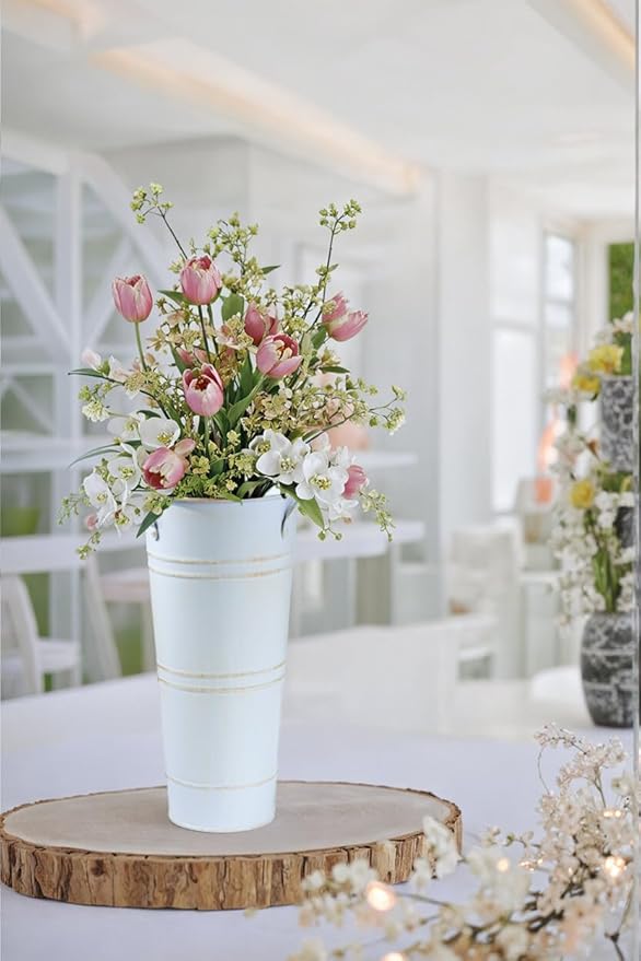 9 Inch Galvanized Metal Vases for Flowers - 2 Pcs Farmhouse Decorative Tall Flower Bucket with Handles, Rustic French Tin Planter Buckets for Wedding Decor (Vintage White)