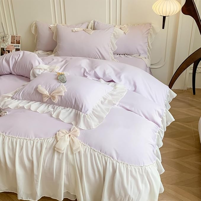 Girls Lace Bedding,Purple Queen Comforter Cover Set, Chic Ruffled Duvet Cover with Lovely Bow,Princess Style 1 Duvet Cover with 2 Pillowcases, No Comforter,Purple,Queen Size
