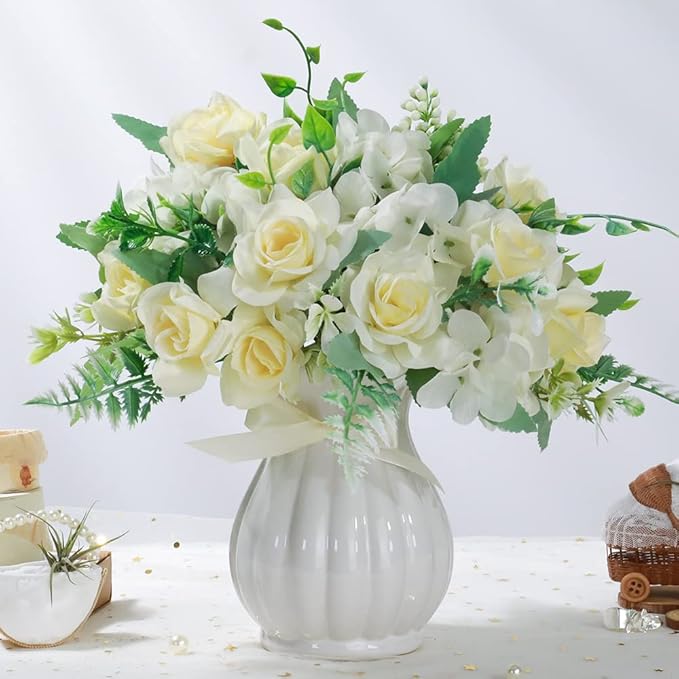 LESING Artificial Rose Silk Hydrangea Flowers Bouquets with Vase Rustic Fake Flowers for Home Decoration Table Centerpiece (White)