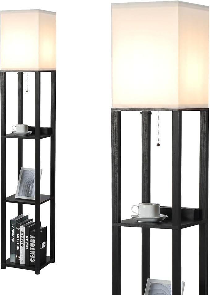 Floor Lamp with Shelves and USB, USB-C & Power Outlets, Shelf Lamp with Charging Station, Modern Square Lamps for Living Room, Tall Standing Floor Lamp for Bedroom and Office, Black