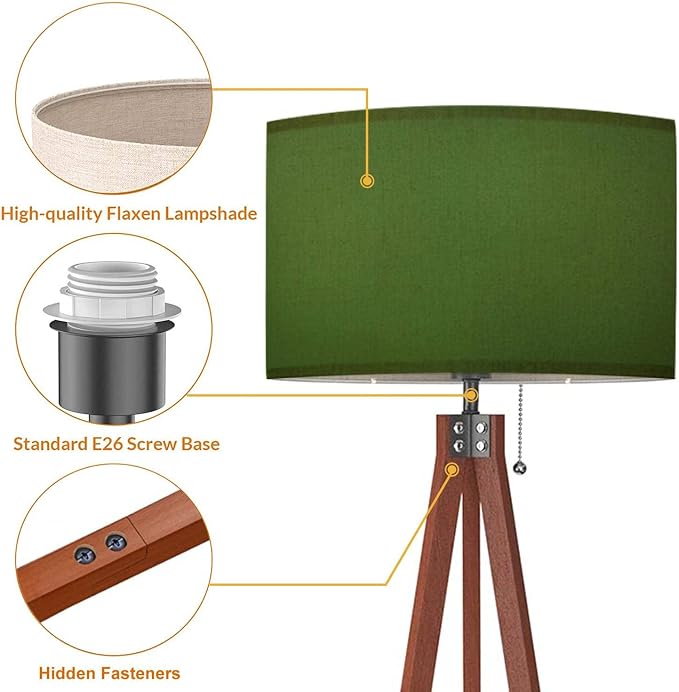 Wood Tripod Floor Lamp Olive Green Frosted Glass Modern Standing Lamp Linen Lampshade Dimmable Tall Lamp Mid Century Floor Lamp for Living Room Bedroom