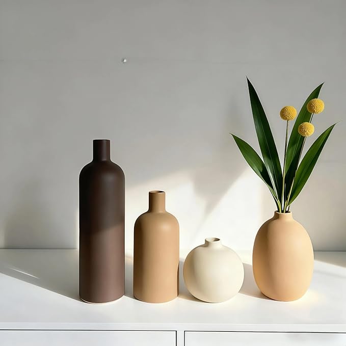 Modern Ceramic Vase Set – 4 Piece Rustic Decorative Vases for Boho Living Room Centerpieces, Entryway Decorations, Coffee Table, Bookshelf, Fireplace Mantel