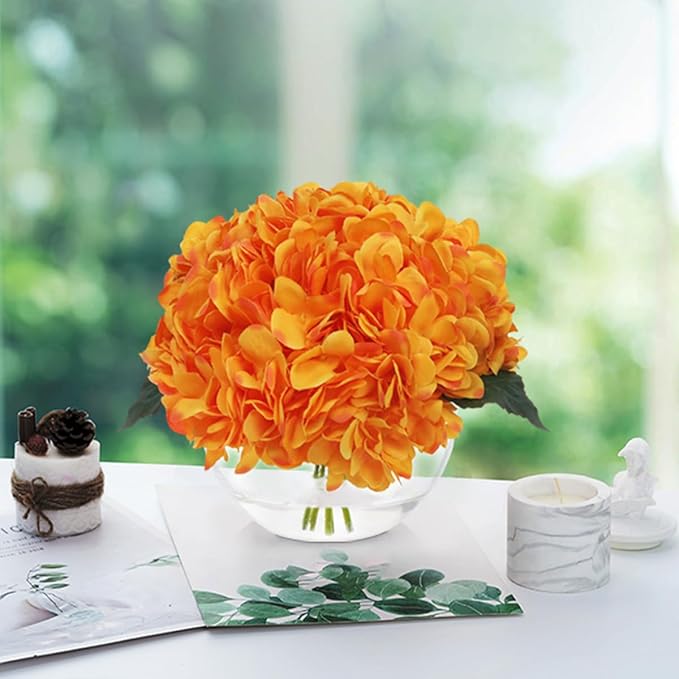 Hydrangea Artificial Flowers in Vase Orange Silk Flowers Arrangements with Glass Vase with Faux Water for Table Centerpiece Shelf Home Decor