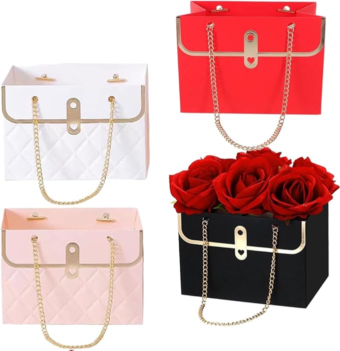 NADUSEP Flower Box Paper Bouquet Storage Bucket, Florist Flower Hand bag with Metal Chain Waterproof Florist Flower Boxes for Gifts Wrapping Supplies Bulk (4 color)
