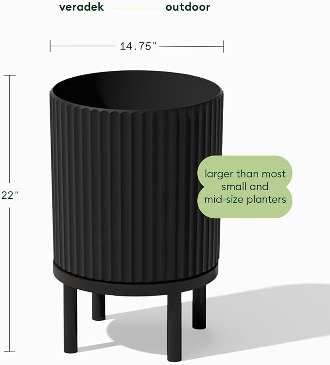 Veradek Demi Series Round Planter w/ Stand for Porch/Patio | Durable Plastic-Concrete & Wooden Stand | Modern Décor for Tall Plants, Flowers