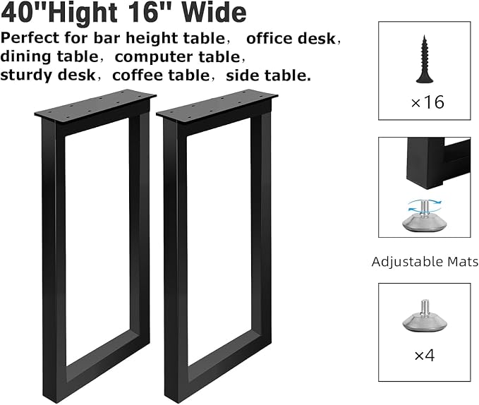 40 Inch Metal Bar Table Legs, Heavy Duty Desk Dinning Table Legs with Adjustment Feet Pads DIY Iron Furniture Feets, Set of 2,Black