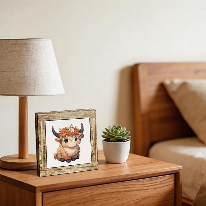 Cute Highland Cow Wooden Desktop Sign, Floral Crown Cow Wood Plaque Tabletop Decor, Rustic Farmhouse Animal Decor for Home Office Shelf