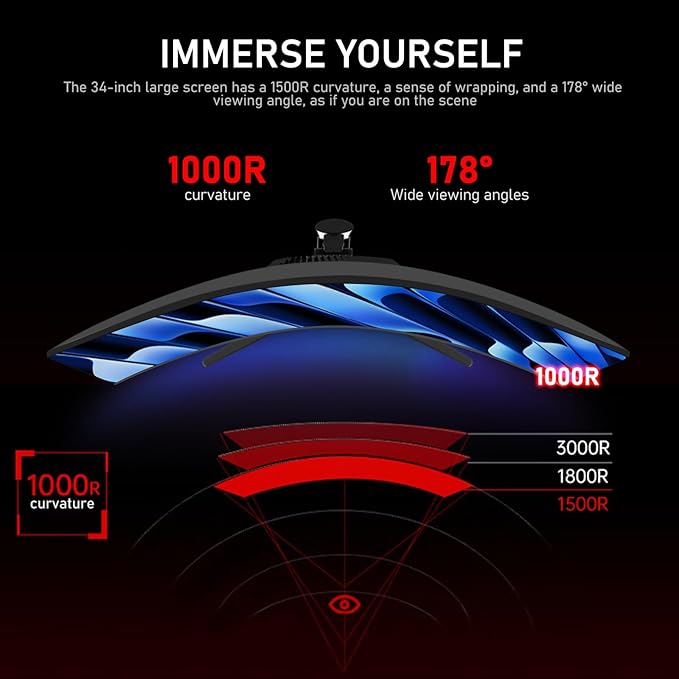 Gawfolk 34 Inch Ultrawide Curved 180Hz Gaming Computer Monitor 1000R PC screen 21:9 UWQHD (3440x1440) ,1ms,100%sRGB,Adaptive Sync,HDMI、Display Port,Liftable Stand,Wall Mount Compatible 75*75mm-Black