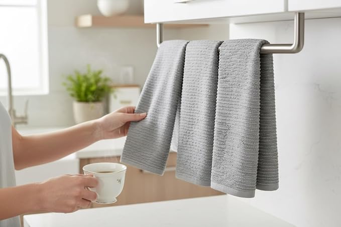 Serafina Home Light Grey Gray Kitchen Hand Dish Towels: Oversized 28" x 18", 100% Cotton Cloth Soft Cleaning Drying Absorbent Ribbed Design, Set of 3 Multipurpose for Everyday Use