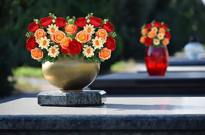 Hollyone Set of 2 Artificial Cemetery Flower for Graves Red Orange Cemetery Memorial Flowers for Outdoor Grave Decorations Silk Flower Arrangements Rose Ranunculus Gerbera Floral Flowers Bouquets