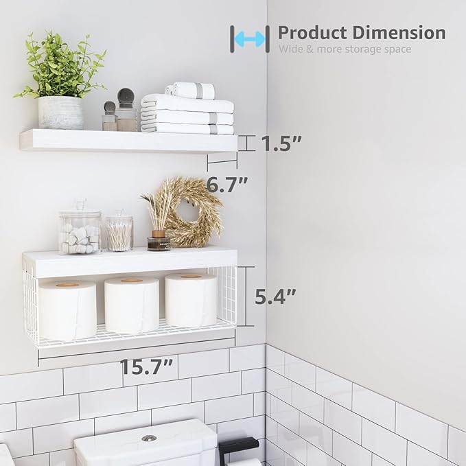 QEEIG White Bathroom Shelves Over Toilet - Wall Mounted Floating Shelves Farmhouse Shelf Toilet Paper Storage Small 16 inch Set of 2 (019-W2)