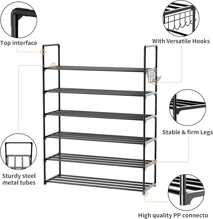 HOMICKER Metal Shoe Organizer,6 Tiers Shoe Storage Shoe Rack with Hooks,Fit 24-30 Pairs,Adjustable Shoe Shelf for Entryway,Hallway,Bedroom,Metal Bottom Support