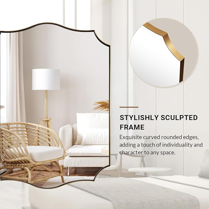 ANDY STAR 24x40 Inch Gold Mirror, Brushed Gold Bathroom Mirror, Antique Brass Rectangle Mirror, Large Wall Mirror Decorative for Bedroom, Living Room, Entryway, Wave Inspired Style