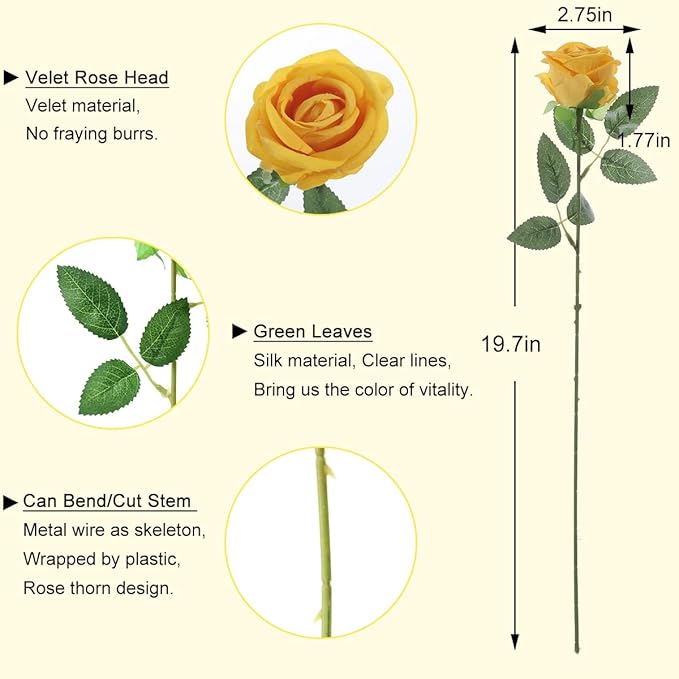 50Pcs Yellow Roses Artificial Flowers Fake Roses Faux Velvet Silk Flower for Home Wedding Decoration (Pearl Rose, Yellow)
