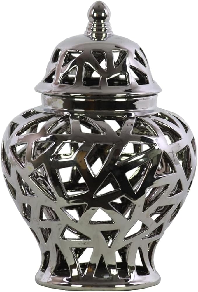 Urban Trends 21285 Ceramic Urn Vase with Cutout Triangle Design, Silver