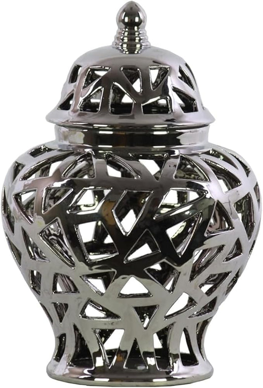 Urban Trends 21285 Ceramic Urn Vase with Cutout Triangle Design, Silver