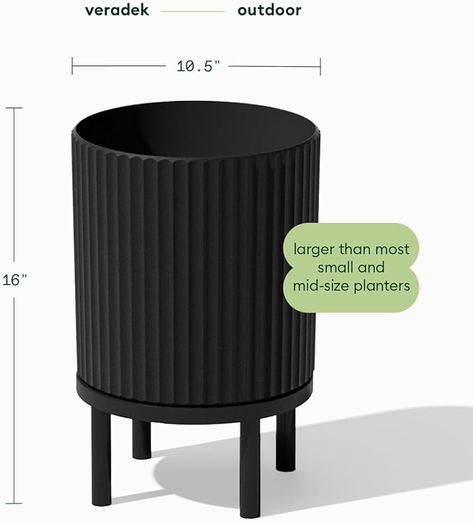 Veradek Demi Series Round Planter w/Stand for Porch/Patio | Durable Plastic-Stone Composite & Wooden Stand | Modern Décor for Tall Plants, Flowers