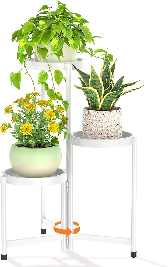 LASZOLA 3 Tiered Plant Stand Indoor Outdoor with Plastic Tray, Corner Folding Tall Flower Display Rack, Modern Plant Holder Shelf for Outdoor Patio Porch Garden Office Living Room, White