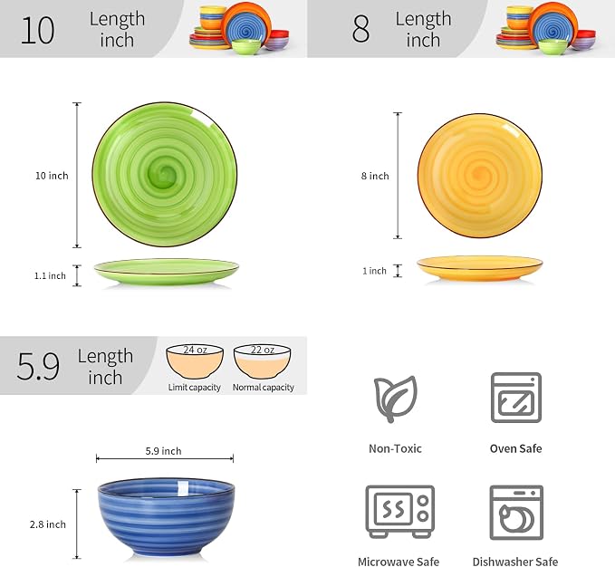Selamica Ceramic Plates and Bowls Sets,18 Pieces Dinnerware Sets for 6,Dishwasher & Microwave Safe dish set,Family & Holiday Dining, Dopamine