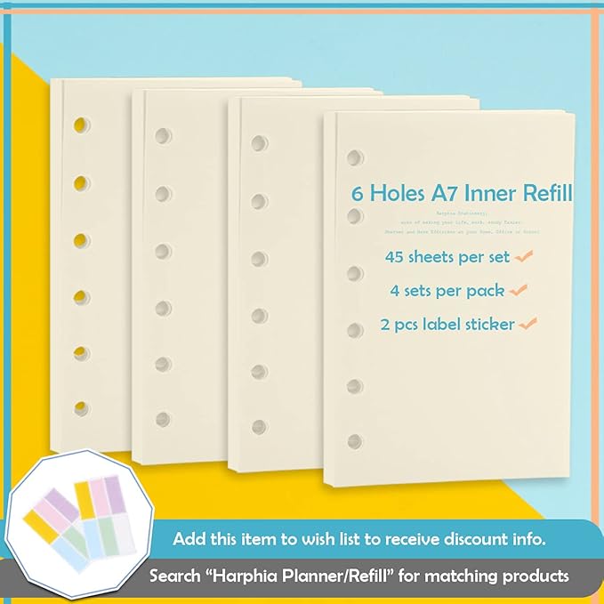 A7 Planner Refill,4 Pcs per Set, 360pages, Plain Blank Paper, with Label Stickers Gift,Mini Binder Refills,6 hole/100gsm Thick Paper/4.84 x 3.23'', Harphia