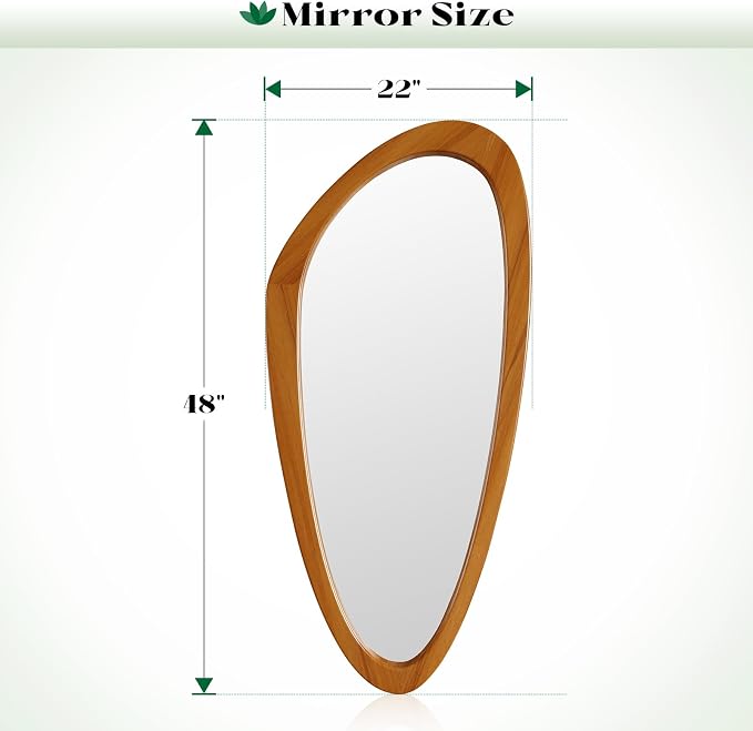 Mid Century Modern Mirror, 22x48 Inch Irregular Wall Mirror, Asymmetrical Wall Mirrors Full Length with Pine Wood Frame for Living Room Bathroom Entryway Hangs Horizontally or Vertically