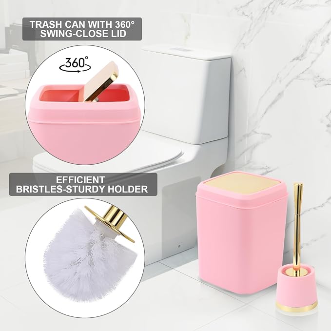 XLHOMO Pink Bathroom Accessories Set - 10 Piece Bathroom Accessory Set with Trash Can, Soap Dispenser, Soap Dish, Toothbrush Holder and Cup, Toilet Brush, Qtip Holder, Bathroom Decor Sets Complete