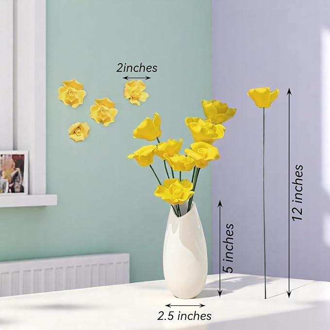 Artificial Flowers with Vase Set, 8 Handmade Ceramic Flowers with Premium Ceramic Vase, Easy Assembly Home Decor Gift Box for Wedding, Mother’s Day, Table Centerpiece, Eternal Bloom (Yellow)