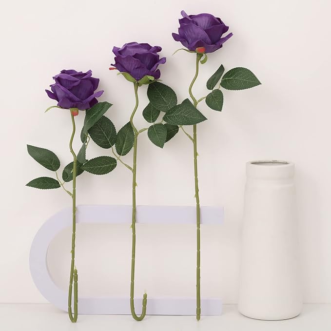 15Pcs Purple Roses Artificial Flowers Fake Roses Long Stem Velet Rose Silk Flowers for Home Wedding Decoration (Round Roses,Pure Purple)
