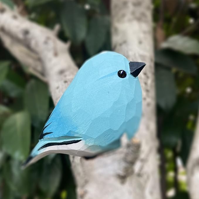 Hand Carved Painted Wooden Birds for Home Decor, Bird Statue for Lovers, Housewarming, Birthday, Christmas, Anniversaries (Blue Robins)