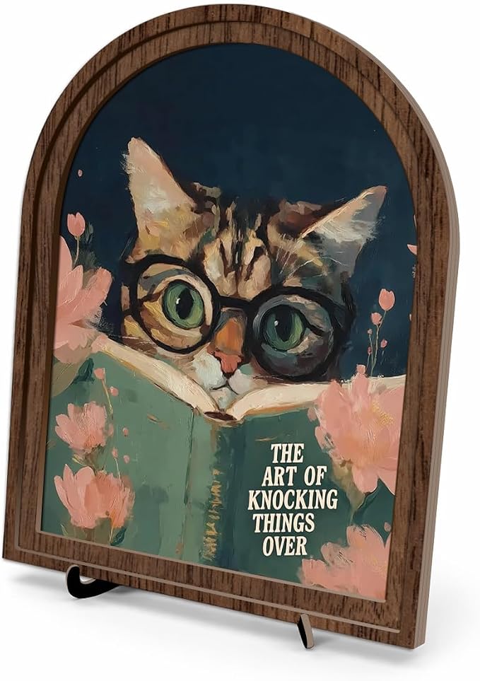 Funny Bird Decor Arched Wood Frame Tabletop Sign, Vintage Reading Bird Art Decor with Stand, Rustic Shelf Desk Mantel Accent for Bathroom Office Home
