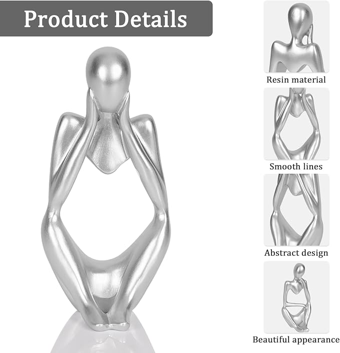 Sandstone Resin Thinker Style Abstract Sculpture Statue Collectible Figurines Home Office Bookshelf Desktop Decor (Small Silver, Focus)