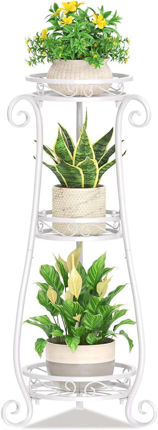 KMOTASUO 3 Tier Metal Plant Stand for Multiple Large Planters Indoor Outdoor Organizer, Heavy Duty Tall Flower Rack for Corner Patio Bathroom Office Corner, Modern Sturdy Vertical Iron Rack, White