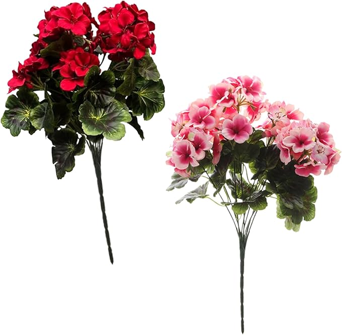 Artificial Geraniums 2Pcs 18 Inch 9 Heads Geraniums Artificial Flowers Realistic Vibrant Fade-Resistant Flowers for Wedding Home Party Decor, Red