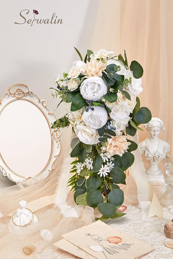 Serwalin 9.8 Inch Wedding Bouquets for Bride Bridesmaid, Forest White Peonies Bridal Bouquets for Bride, Wedding Flowers Bouquet Tossing Bouquet, Wedding Ceremony and Anniversary Day Decor