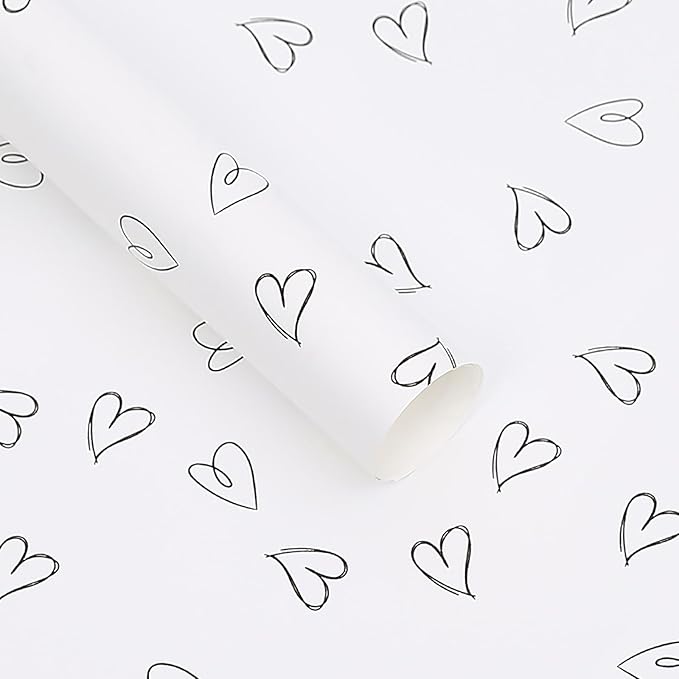 MLSG 20 Sheet Solid Color Heart Wrapping Paper - Waterproof Floral Bouquet Wrapping Paper, Florist Supplies Packaging Paper for Wedding Birthday Gift Wrap Paper(White Black)