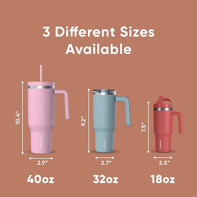 Hydrapeak Voyager 40 Oz Stainless Steel Tumbler with Handle, Insulated Water Bottle With Straw & Lid, Cupholder Friendly Reusable Travel Mug (Apricot Crush)