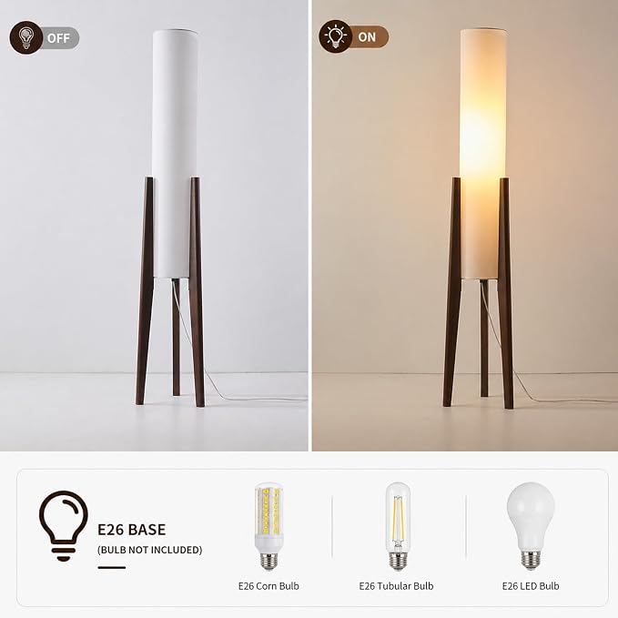 MIXL-Walnut Wood Finish Tripod Floor Lamp,Cylinder Shade Tall Standing Lamp,Rustic Living Room Floor Lamp,Mid Century Modern Standing Light for Bedroom Office