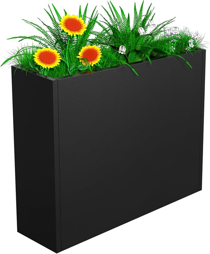 Tall Metal Planter Box, 38" L x 10" W x 30" H Large Outdoor Planters with Drainage & Adjustable Shelf, Heavy Duty Steel Rectangular Planter for Patio, Balcony, Indoor(Black)