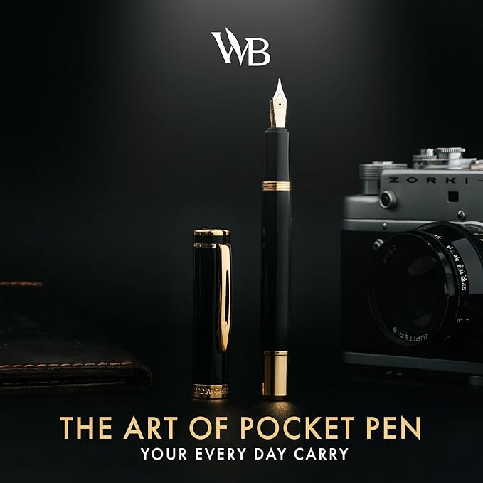 Wordsworth and Black Fountain Pen Mini EDC: Luxury Black Heavy Pocket Pen, Gold Finish, Medium Nib, 6 Ink Cartridges, Ink Converter, Travel Refillable Writing Pen Gift Set, Men & Women