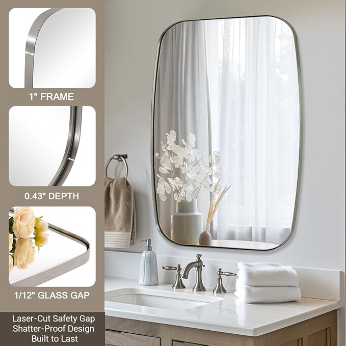 ANDY STAR Brushed Nickel Bathroom Mirror, 20x30’’ Oval Mirror for Bathroom, Brushed Nickel Oblong Mirror with Metal Frame Wall Mounted for Living Room, Bedroom