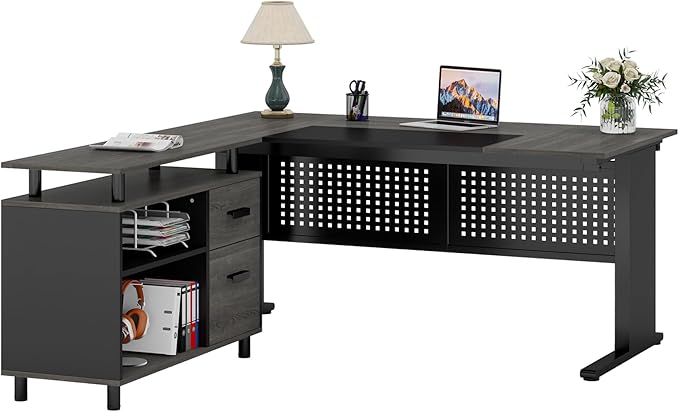 Tribesigns 63 Inch Executive Desk with File Cabinet, L Shaped Office Desk with Drawers and Storage Shelves, Business Furniture Set Workstation for Home Office, Gray and Black