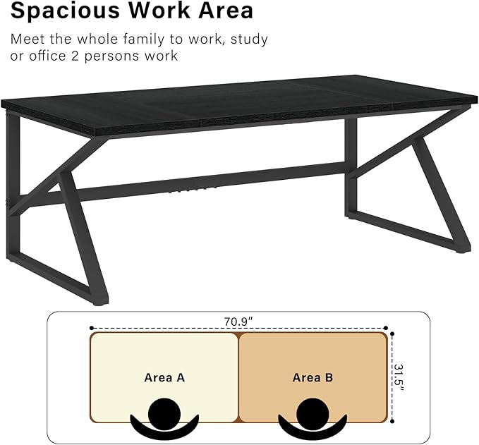 HSH 70 Inch Long Black Desk, Large Metal Wood Computer Desk for 2 Monitors, Modern Home Office PC Laptop Desk for 2 People Executive Writing Work Study Gaming, Simple Bedroom Living Room Black Table