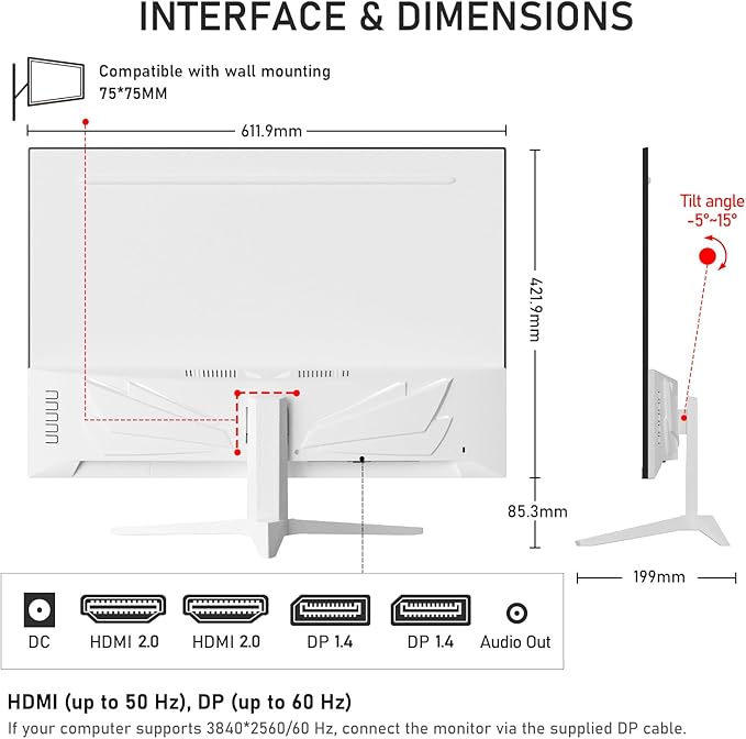 Gawfolk 28 inch UHD 4K Computer Monitor, IPS Ultra HD (3840×2560p) Screen, 3:2, 10Bit, 1.07 Billion Colours, 128% sRGB, Built-in Speakers, 178° Wide Viewing Angle DisplayPort 1.4 & HDMI 2.0, White