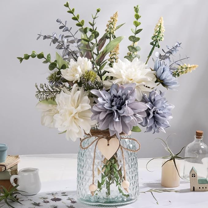Silk Flowers in Vase, Artificial Flowers with Vase Fake Flowers Arrangement Faux Dahlia for Decoration Table Centerpiece (Dahlia)