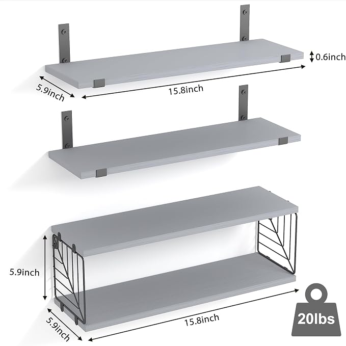 Fixwal 3+1 Tier Bathroom Floating Shelves Over Toilet, 15.8in Farmhouse Rustic Wood Shelves, Wall Decor for Bathroom, Living Room,Bedroom and Kitchen (Gray)
