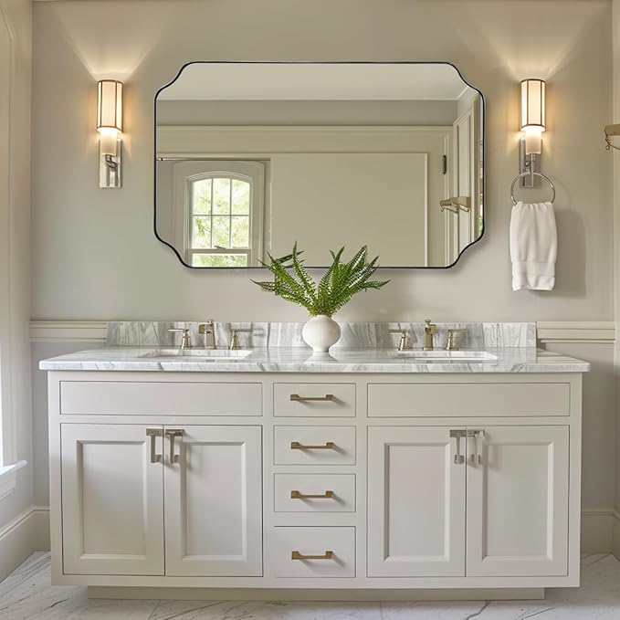 ANDY STAR 24x40 Inch Rectangle Bathroom Mirror, Brushed Nickel Scalloped Bathroom Mirror, Silver Bathroom Vanity Mirror, Unique Mirror in Rust-Proof Stainless Steel Frame (Horizontal/Vertical)